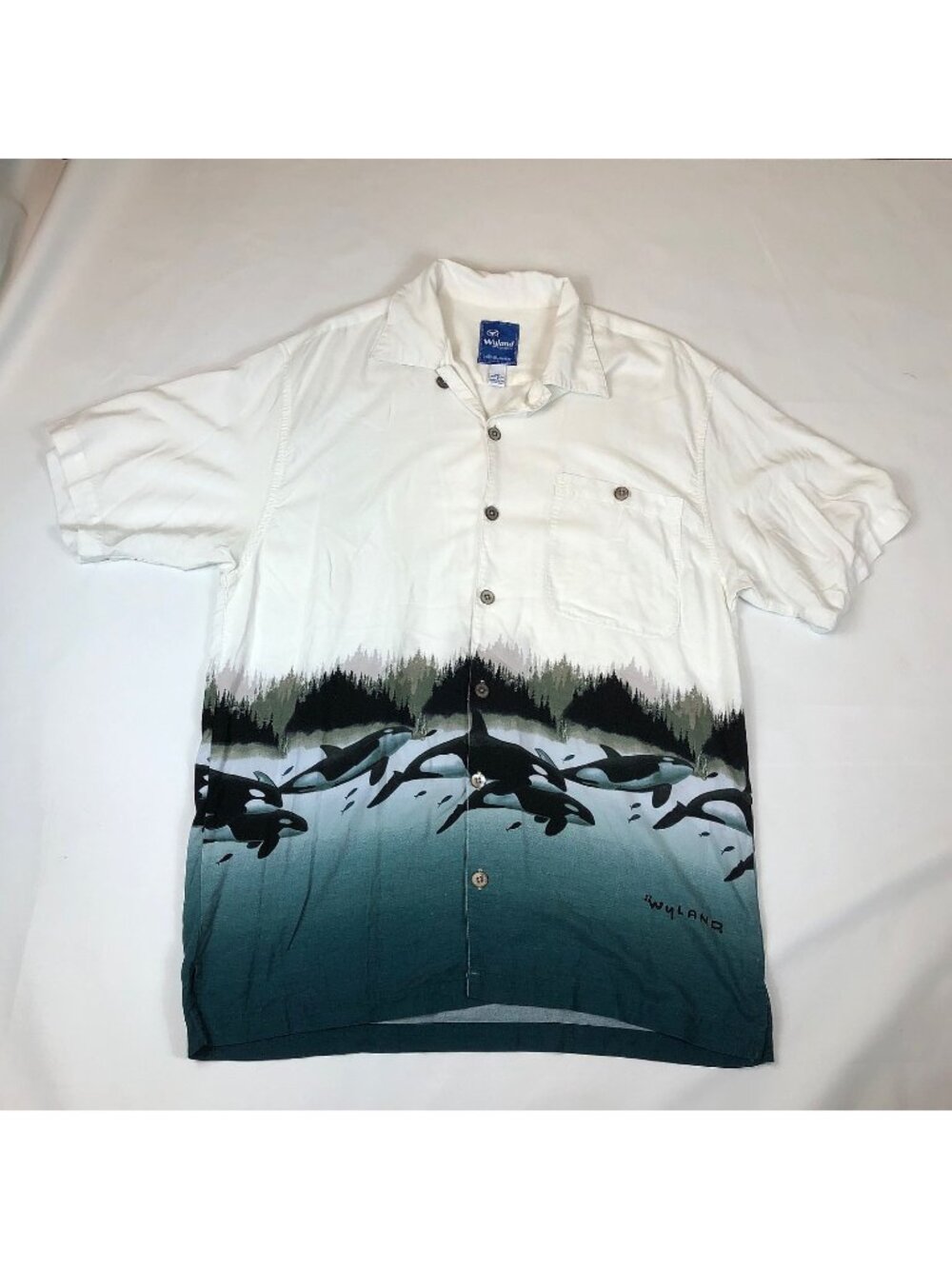 Wyland Signature Bluewater Orca Whale Wall Mural Wrap Hawaiian Shirt Large USA